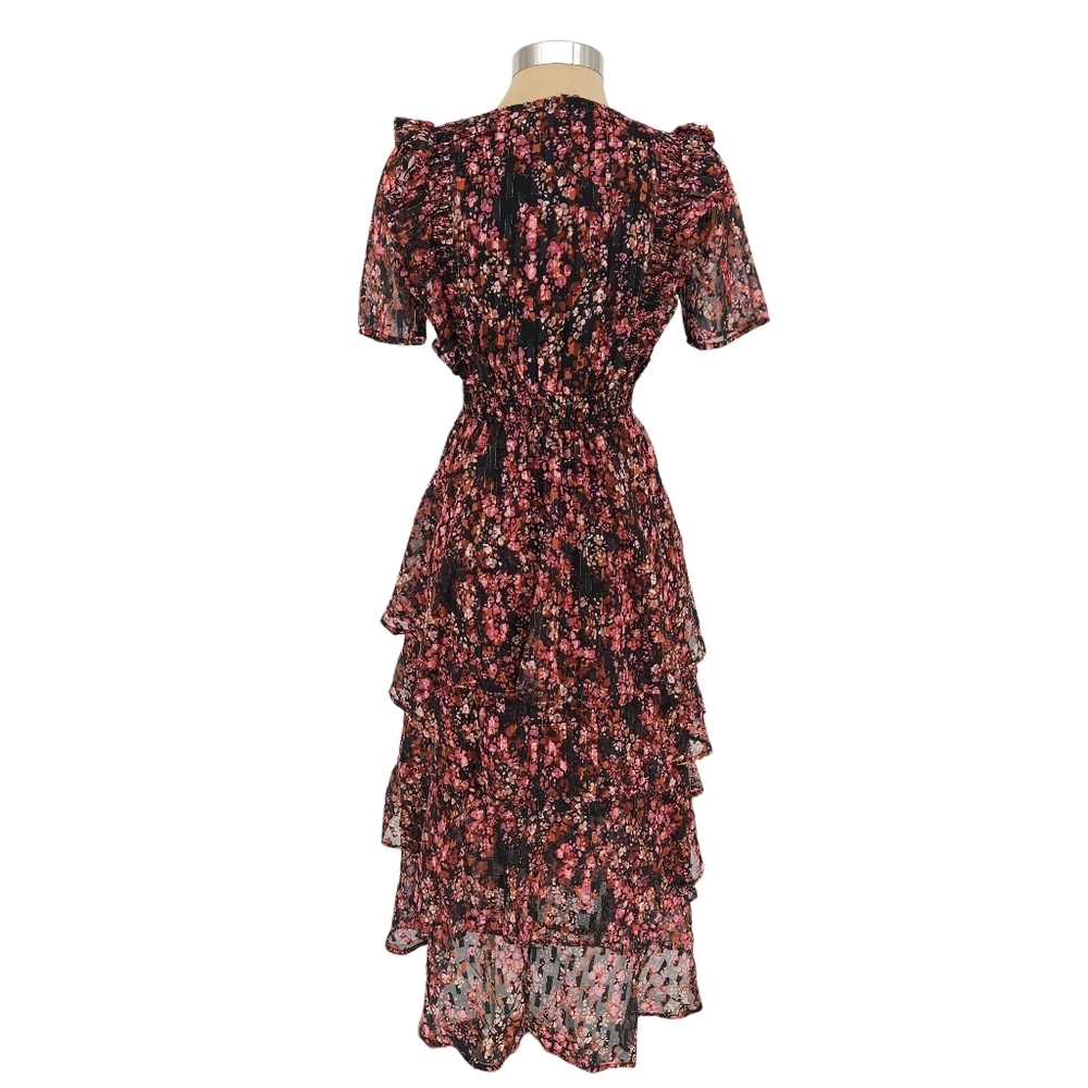 Hale Bob Jade Fit Flare Tiered Midi Dress Floral Ruffle Short Sleeve V Neck XS - Picture 8 of 11